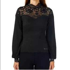 Bebe lace mockneck top with rhinestone logo